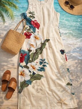 Iolani Hawaii Floral Maxi Dress M Tropical Hibiscus Sleeveless Cotton